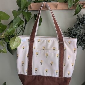 Lands' End Cream Canvas Tote with Yellow Floral Embroidery and Brown Trim